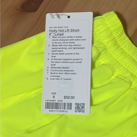 Lululemon Hotty Hot LR short 4” Highlighter Yellow NWT size 8 - Picture 3 of 3